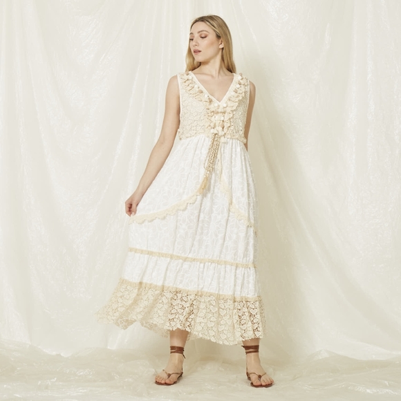 White Lace Cutout Embroidered Sleeveless Maxi Dress w/ Tassels made in Italy - Picture 3 of 14